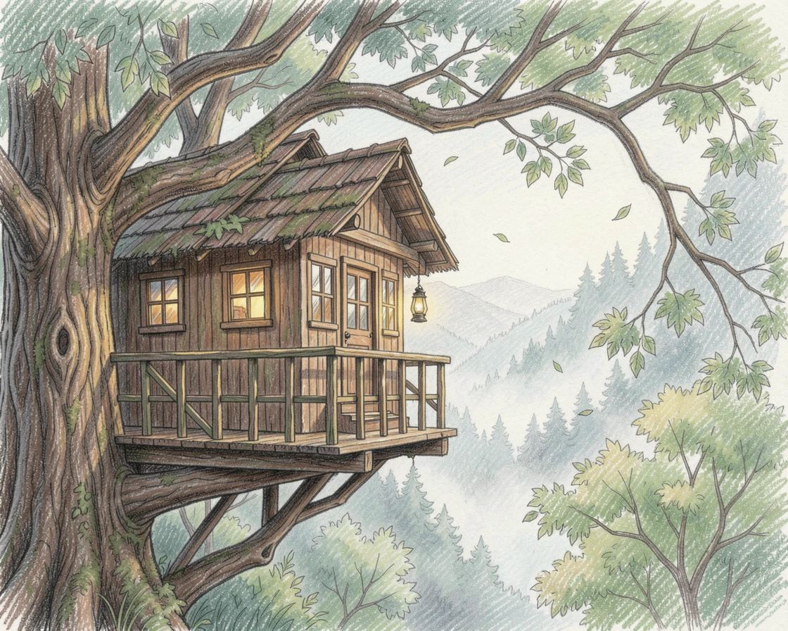 A rustic treehouse retreat overlooking a misty forest valley, with a gentle play of light and shadow across the composition, evoking warmth, beauty, and a lasting sense of wonder.