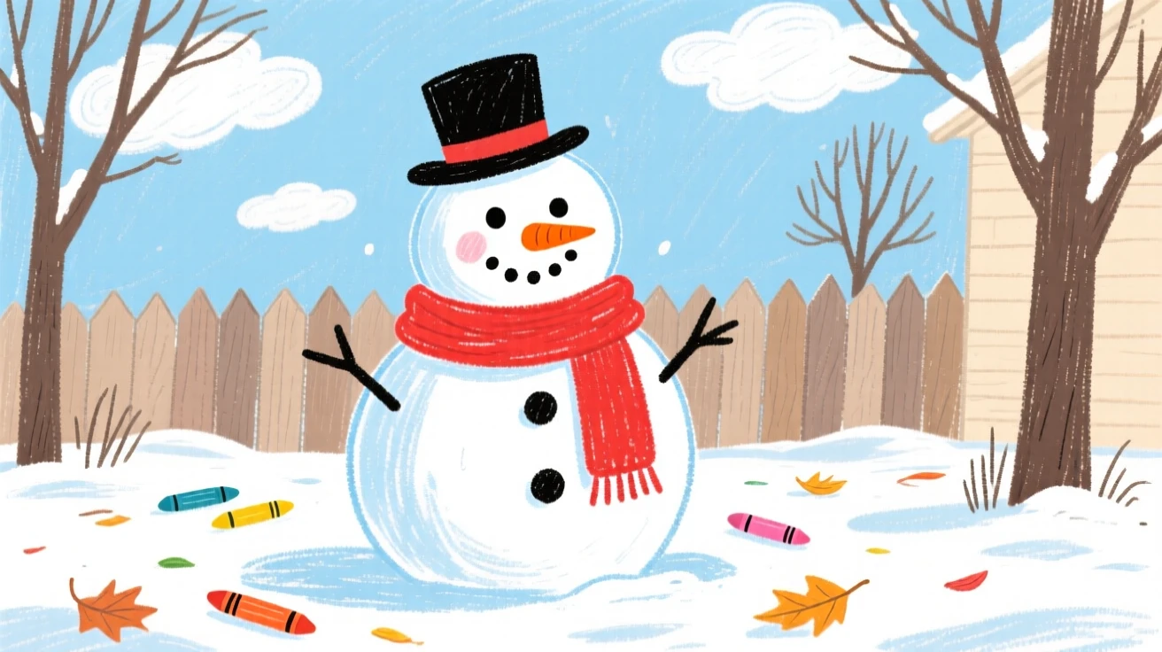 A snowman wearing a scarf and top hat in a quiet front yard.