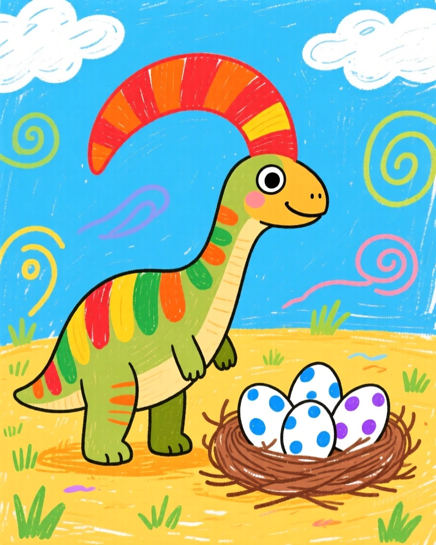 A colorful parasaurolophus with a curved crest near a nest of speckled eggs in a warm clearing.
