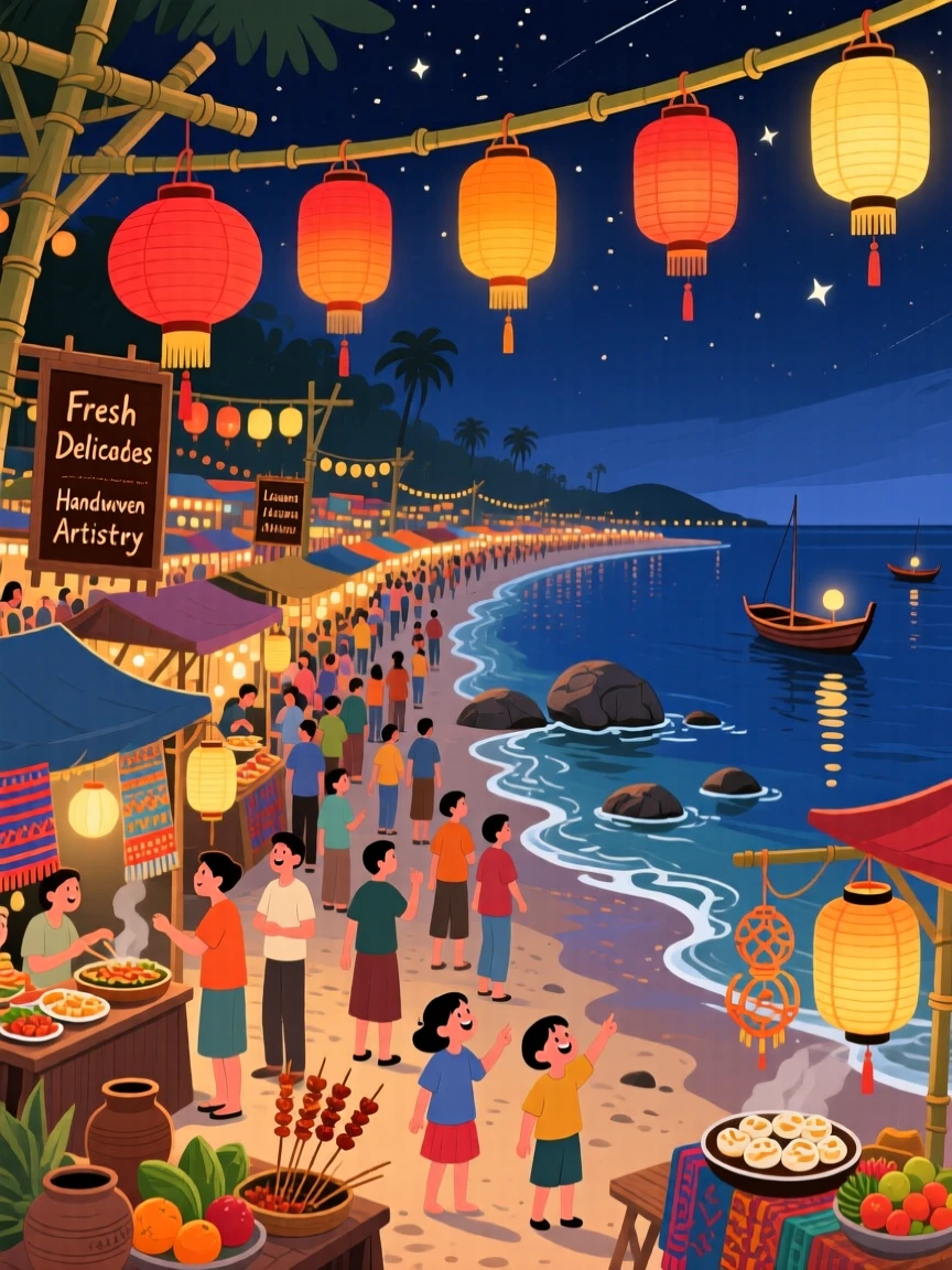 A bustling night market glowing with strings of lanterns, with gentle waves lapping at the shore nearby, framed to showcase both intimate detail and grand scale, with a joyful, adventurous atmosphere.