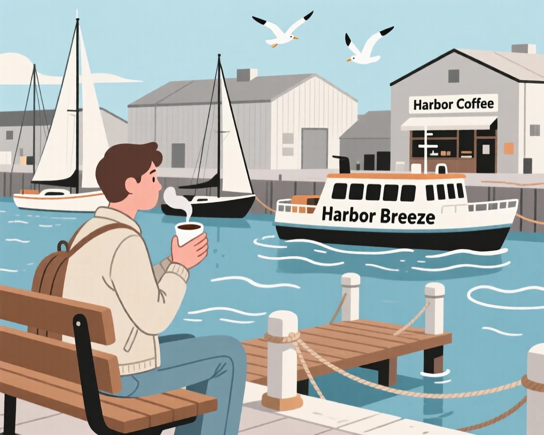 A traveler sipping coffee near a bustling harbor.