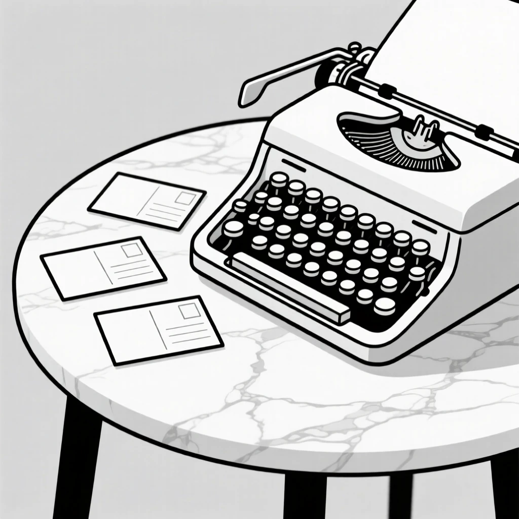 A close-up study of a vintage typewriter placed beside scattered postcards on a marble side table, full of understated elegance.