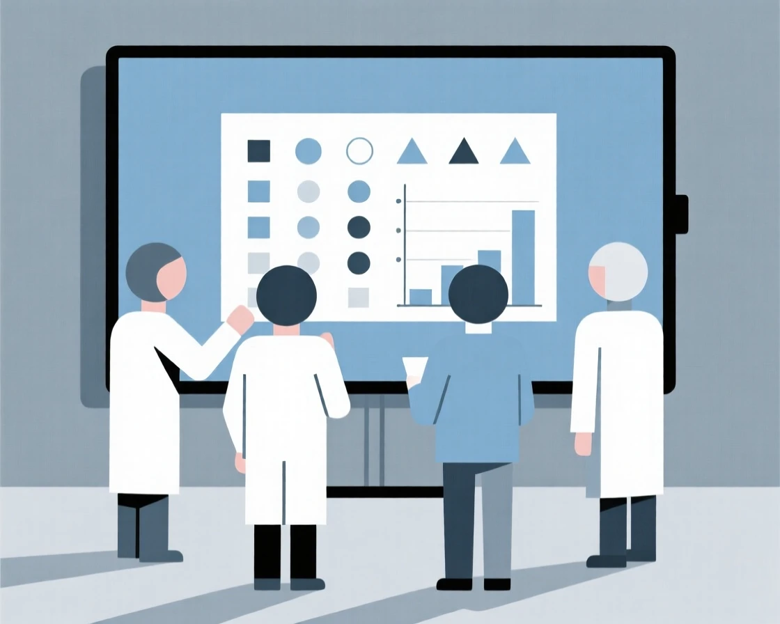 A group of scientists examining data on a screen