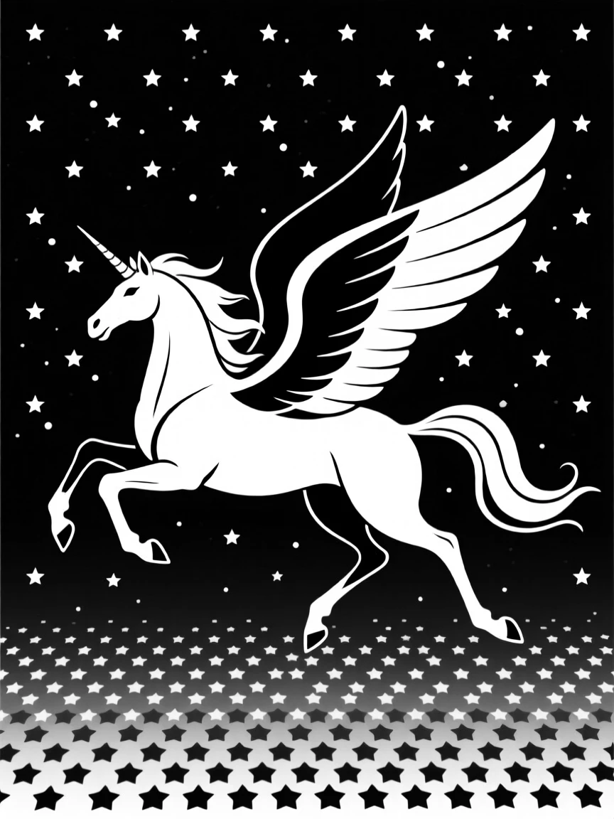 A pegasus galloping across a starlit sky.