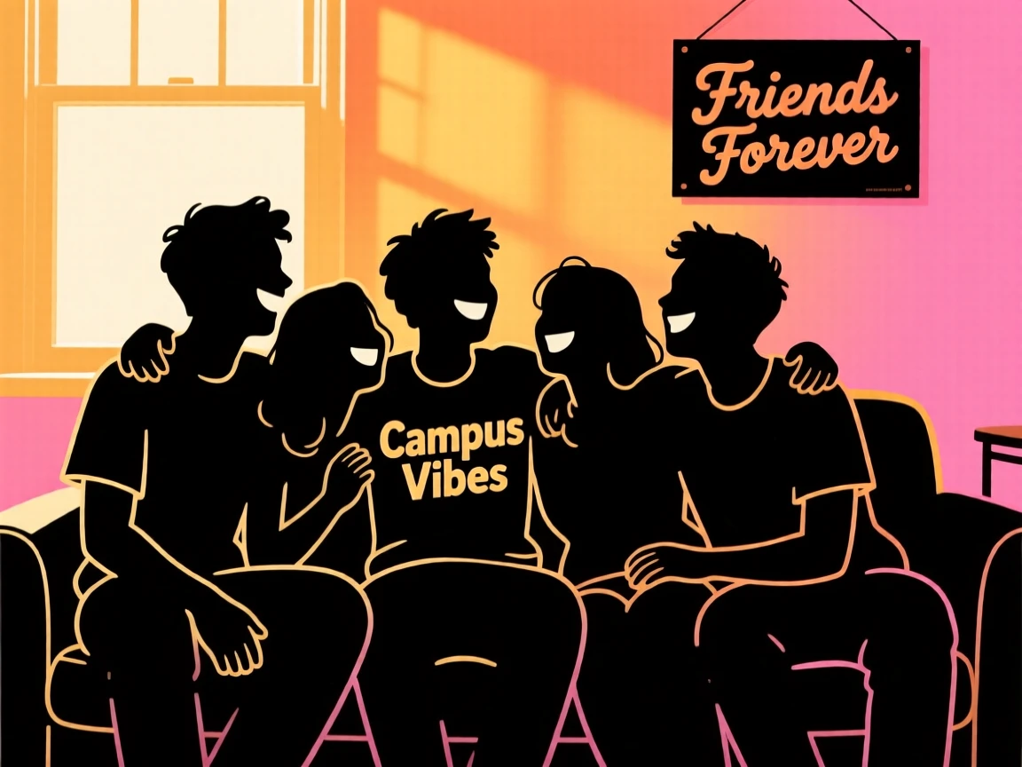 A group of college friends piled together on a couch, all laughing at once.