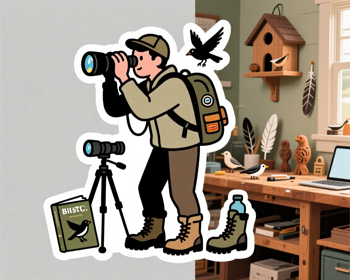 A completely absorbed birdwatcher peering through binoculars, surrounded by their favorite gear, at a cozy neighborhood workshop.