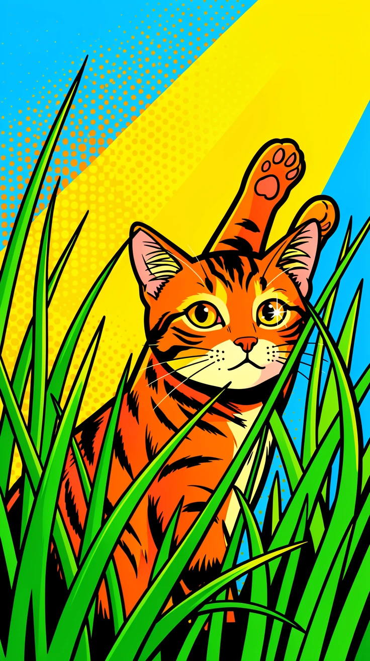 A tabby cat stretching in a sunbeam peeking curiously from behind tall grass