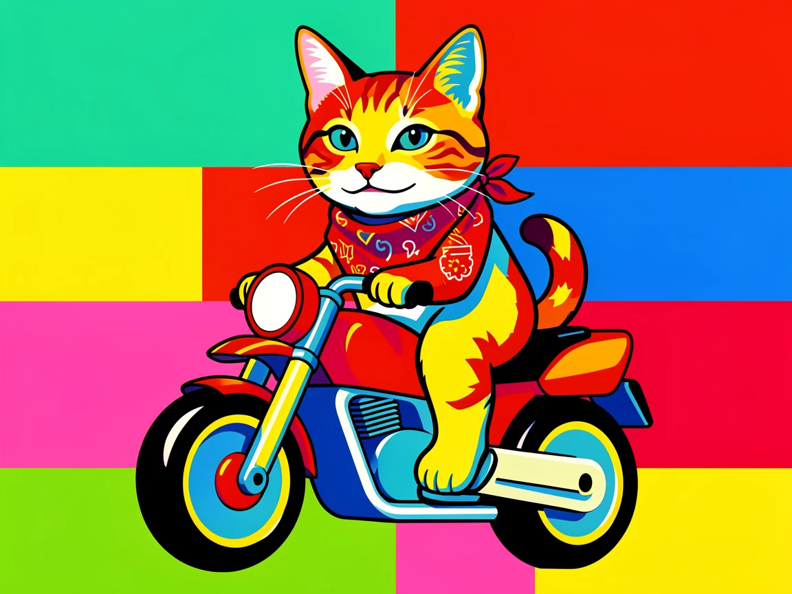 Cat wearing a bandana riding a toy motorcycle