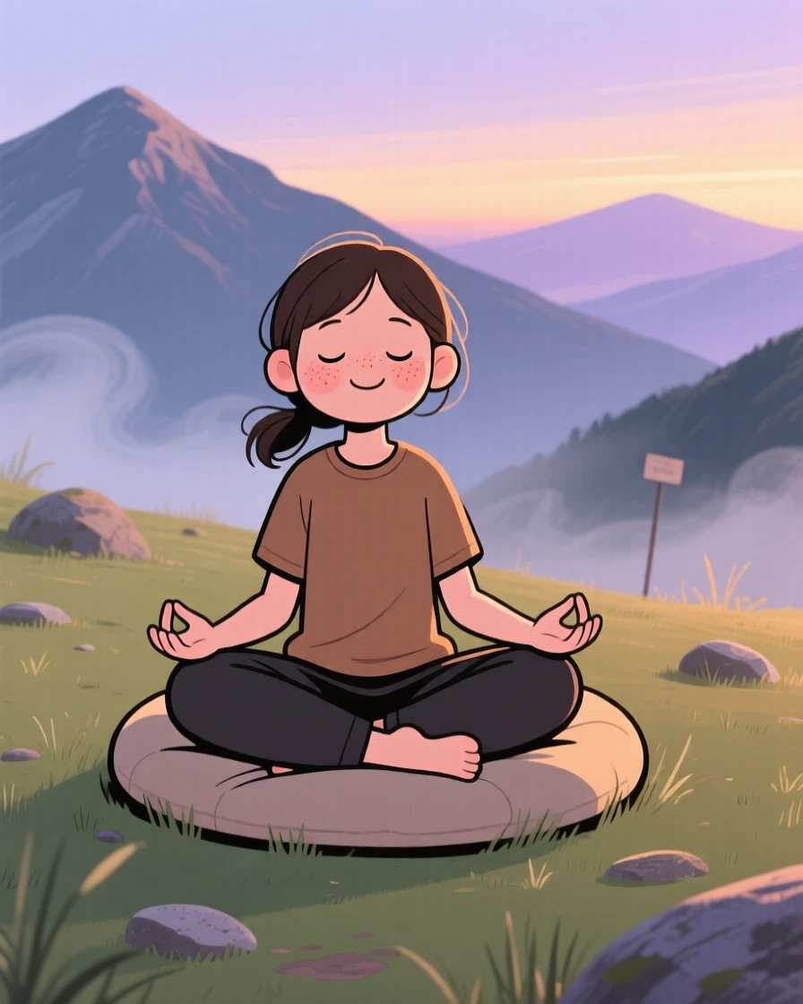 A teenage girl practices quiet meditation on a mountaintop clearing at dusk, breathing slowly as soft mist surrounds them.