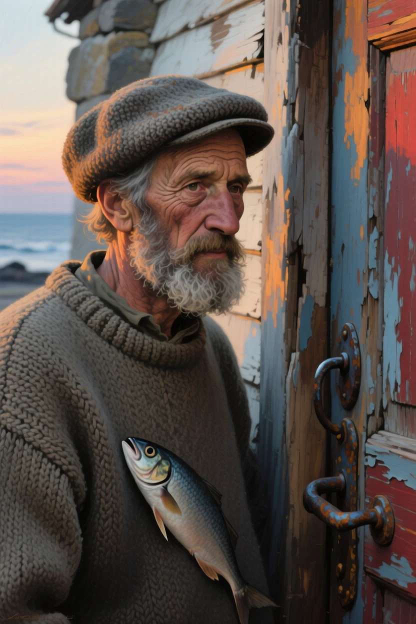 A close-up portrait of an old fisherman beside a rustic wooden door, expressing gentle nostalgia, at twilight.