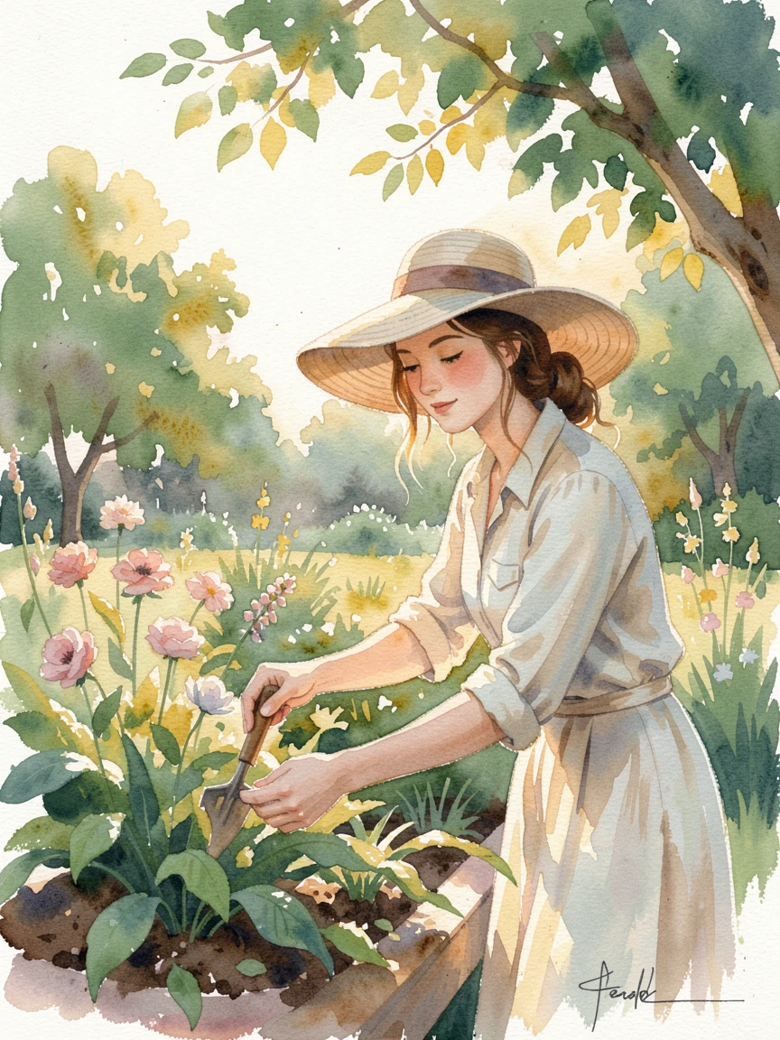 A woman in a sunhat tending to her garden with a calm and contented expression.