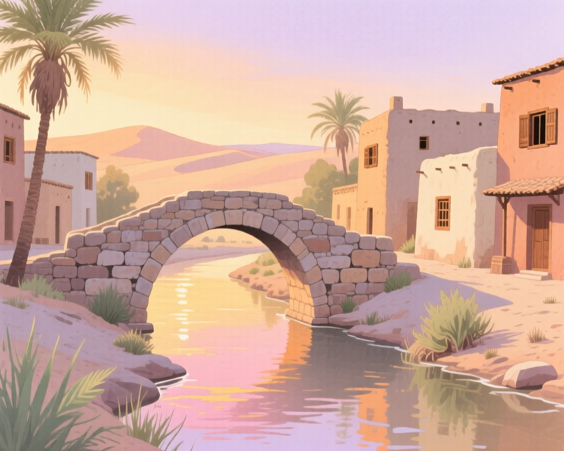 A picturesque view of a desert oasis town with a stone bridge arching over a canal, at golden hour