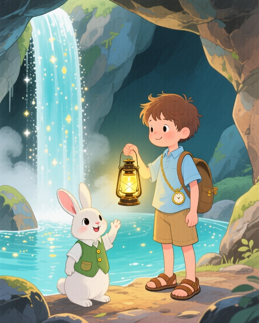A boy carrying a lantern discovering a sparkling waterfall grotto for the first time, greeted by a talking rabbit in a tiny vest.