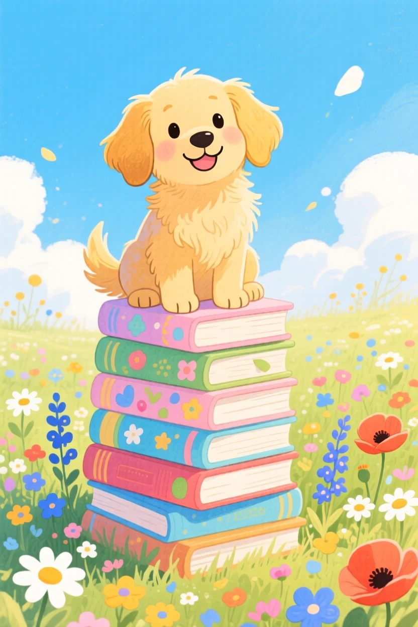A golden retriever puppy sitting proudly atop a stack of storybooks, set in a meadow bursting with wildflowers under a blue sky, evoking warmth and gentle affection.