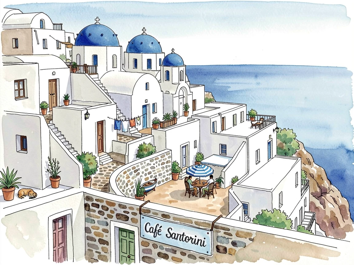 A hillside town in Santorini with white buildings and blue domes overlooking the sea, small details of daily life scattered throughout the setting.