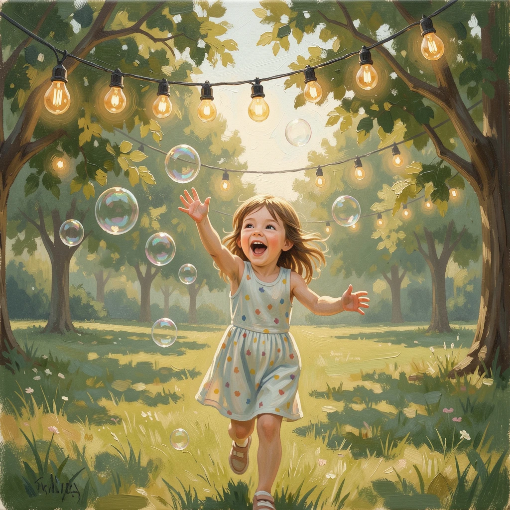 On a crisp, clear morning, a little girl chasing bubbles in a sunlit park, beneath the warm glow of string lights at an outdoor gathering, eyes bright with joy mid-laugh.