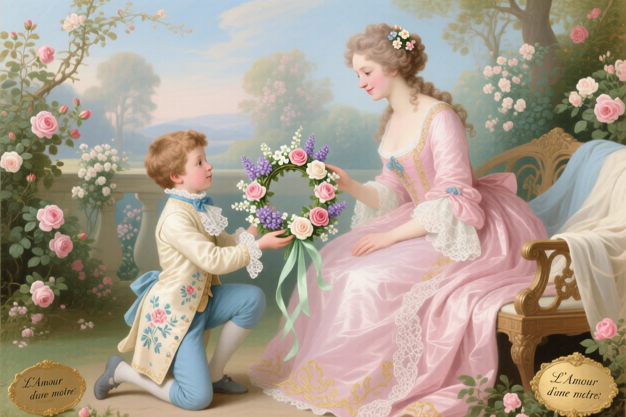 A boy presenting a handmade flower crown to his mother  