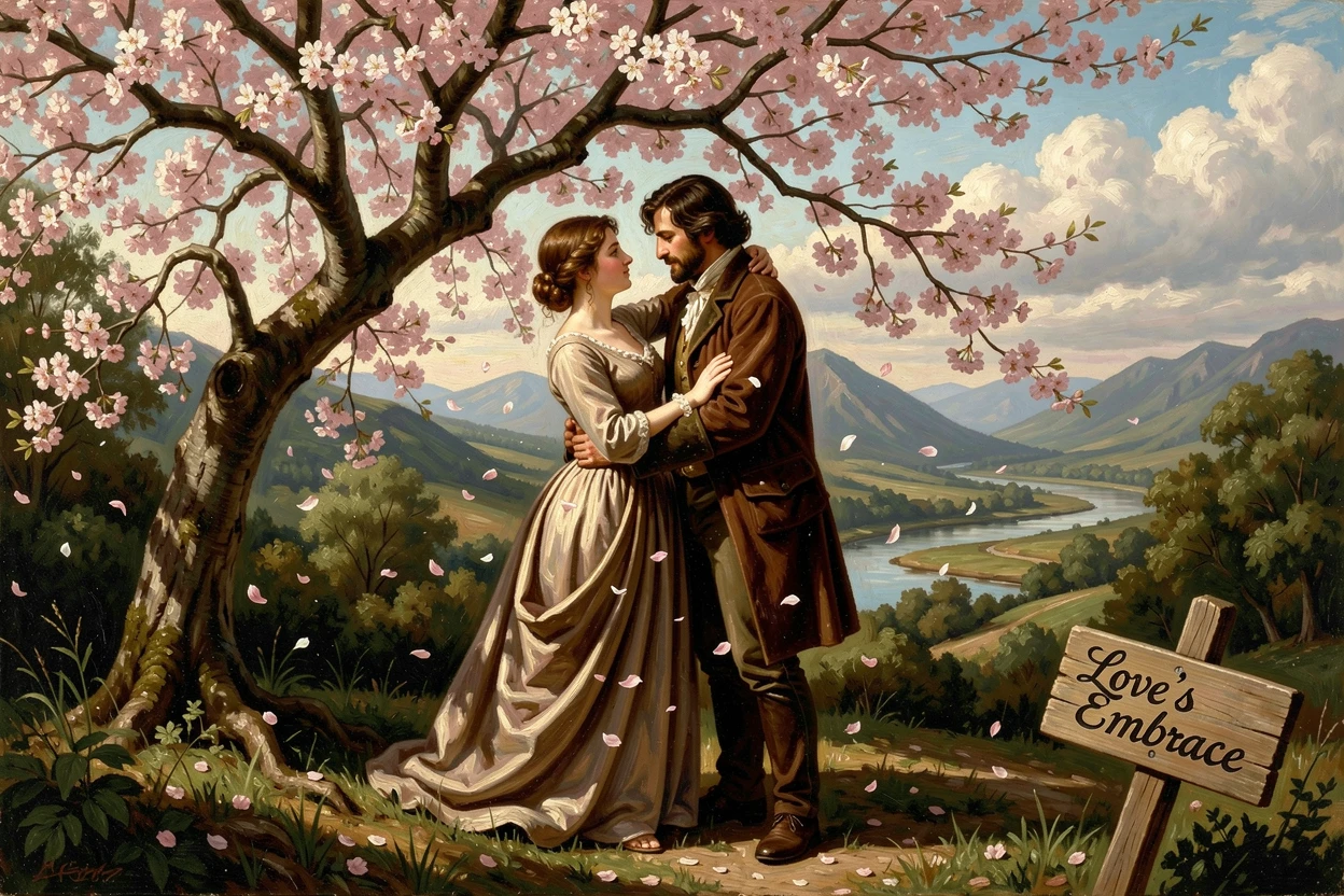 A young woman and her suitor embrace beneath a blossoming cherry tree as petals drift in the breeze.