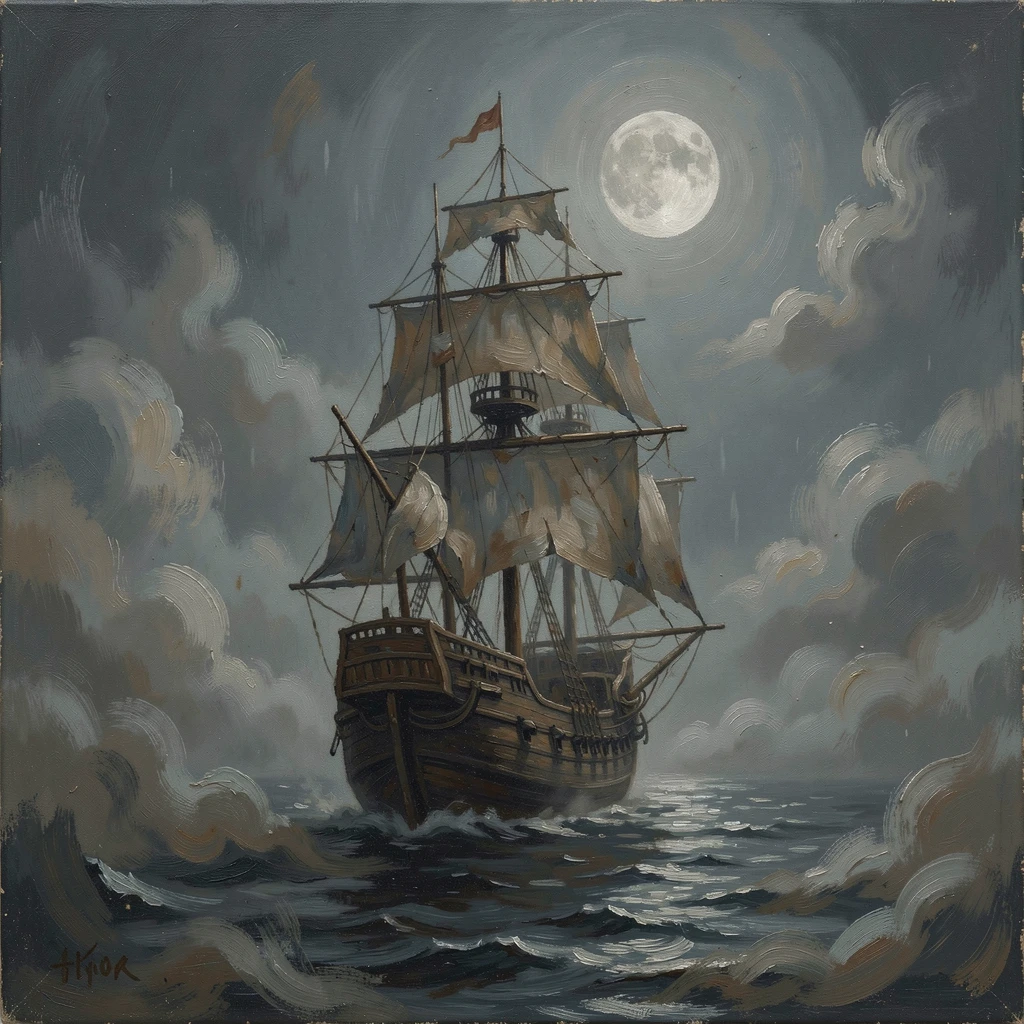 A ghostly ship sailing silently through a fog-covered sea beneath a full moon, as swirling mist and atmosphere add mystery to the scene, creating a scene that feels both magical and entirely believable