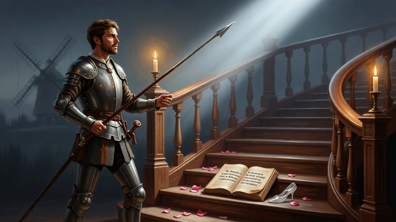 Don Quixote tilting his lance toward a distant windmill at the story's most enchanting and memorable turn, set beside a grand staircase lit by flickering candelabra, with scattered rose petals, an open storybook, and a forgotten glass slipper; a diagonal beam of moonlight highlights the pivotal narrative moment, capturing the enchantment of tales passed down through generations.