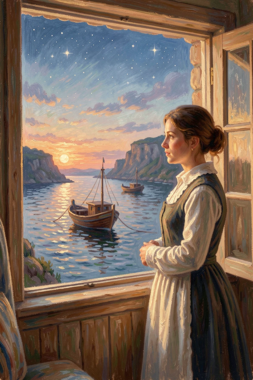 A fisherman's wife watching from a cliffside window as boats return to harbor at dusk, under a canopy of stars.