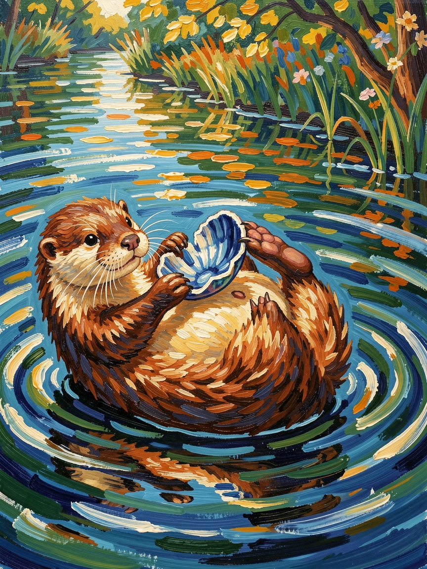 A curious otter floating on its back, cracking open a shell on its belly.