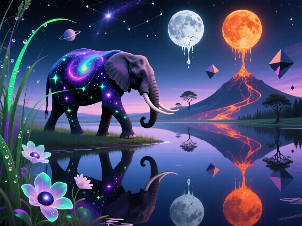 An elephant with a night sky patterned across its skin wanders along the edge of a mirror-smooth lake, as the surrounding grass bends toward it in reverence.
