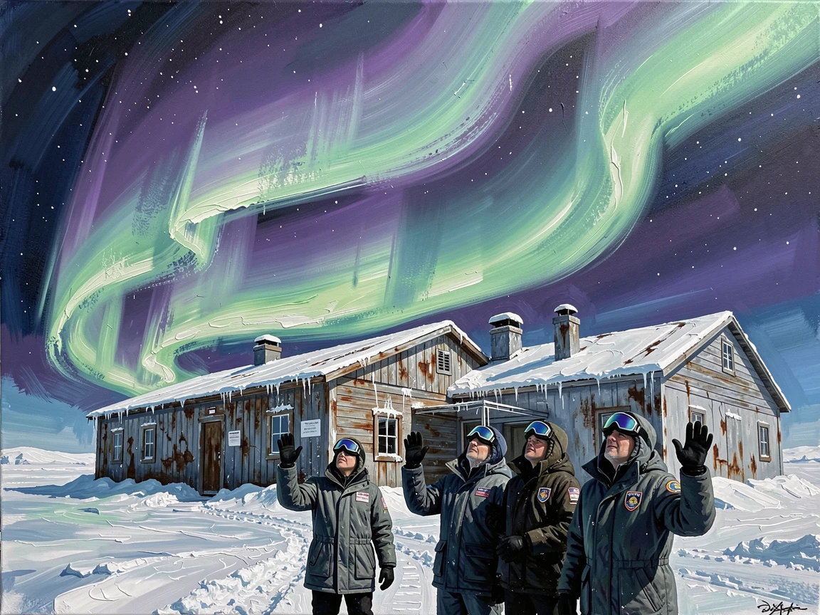 A vibrant aurora display ripples above a snow-covered research station in Antarctica, scientists standing outside to watch the cosmic show, the setting suggesting centuries of untold stories embedded in every weathered surface.