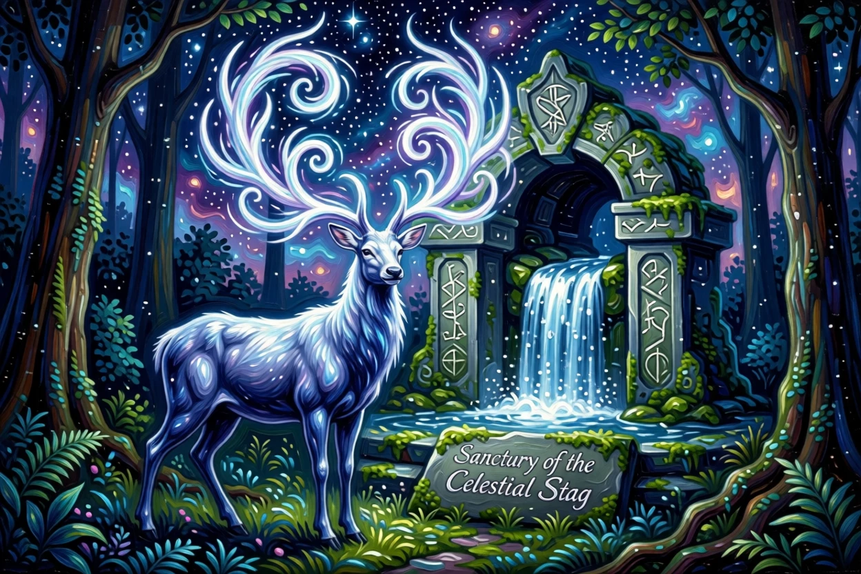 a celestial stag with antlers of starlight curling protectively around a hidden waterfall shrine