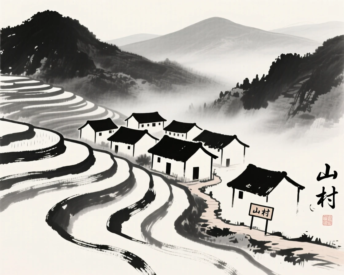 A small mountain village nestles among terraced rice fields, with mist settling over the surrounding hills.