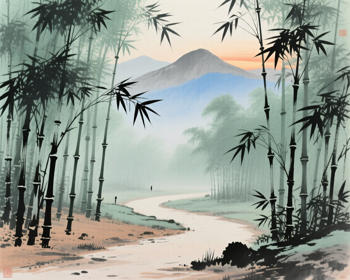 A quiet path through a bamboo grove with no one in sight, evoking a sense of quiet solitude, as the sun sets behind distant peaks.