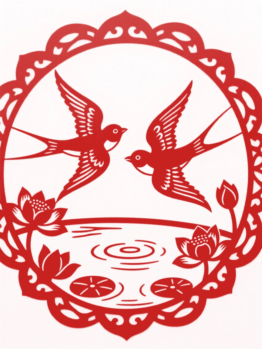 A pair of swallows, gliding low over a still pond, symbolizing peace and good fortune.