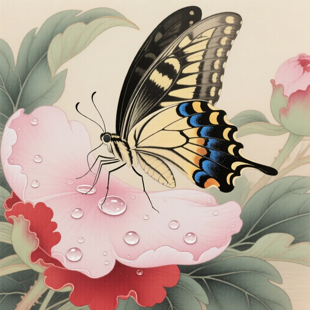 A swallowtail butterfly resting on a dew-covered peony petal