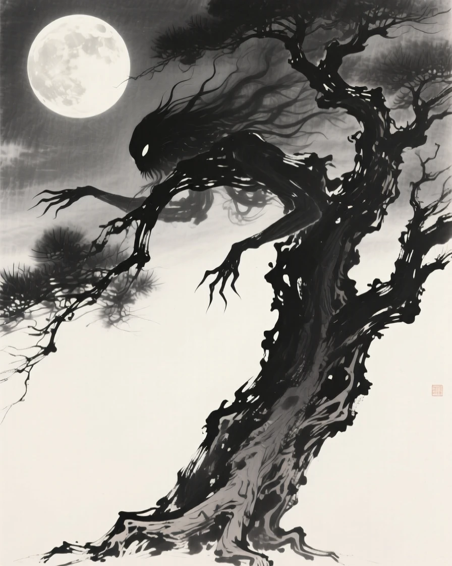 An ancient tree spirit with branches like reaching arms beneath the glow of a full harvest moon, balanced with soft negative space around the central figure, capturing a dreamlike, otherworldly stillness.
