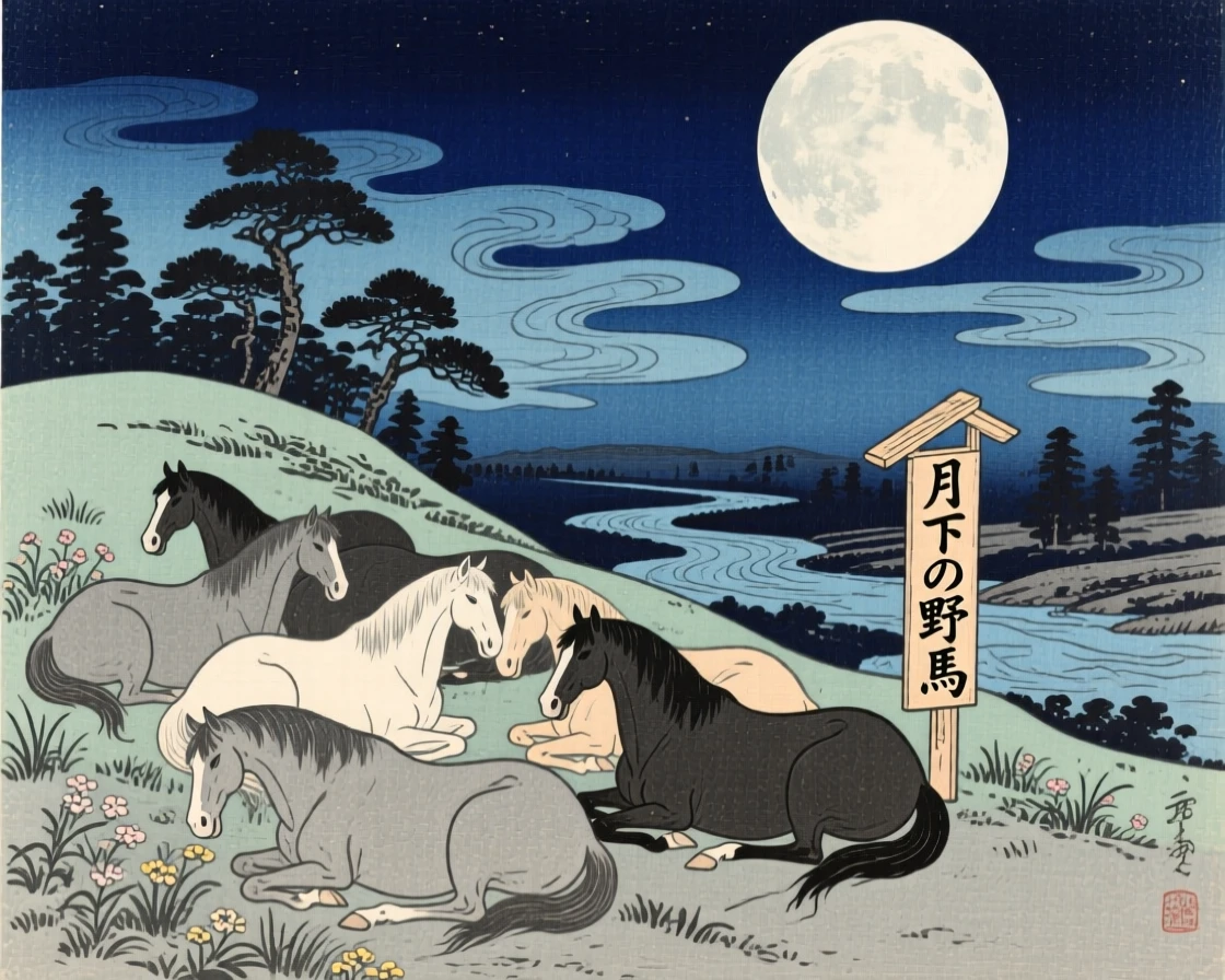 A herd of wild horses perched silently under a full moon.