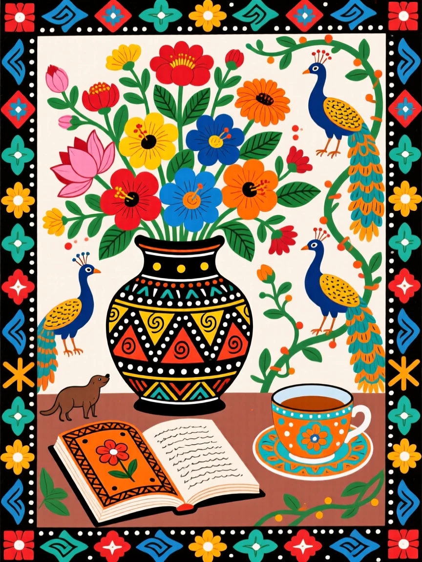 A vase of fresh wildflowers beside an open book and teacup.