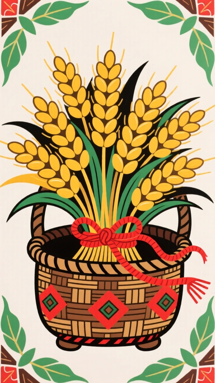 A basket of golden ears of wheat tied with red thread, symbolizing a bountiful harvest.