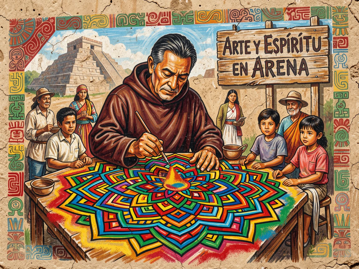 A monk painting a mandala with colored sand