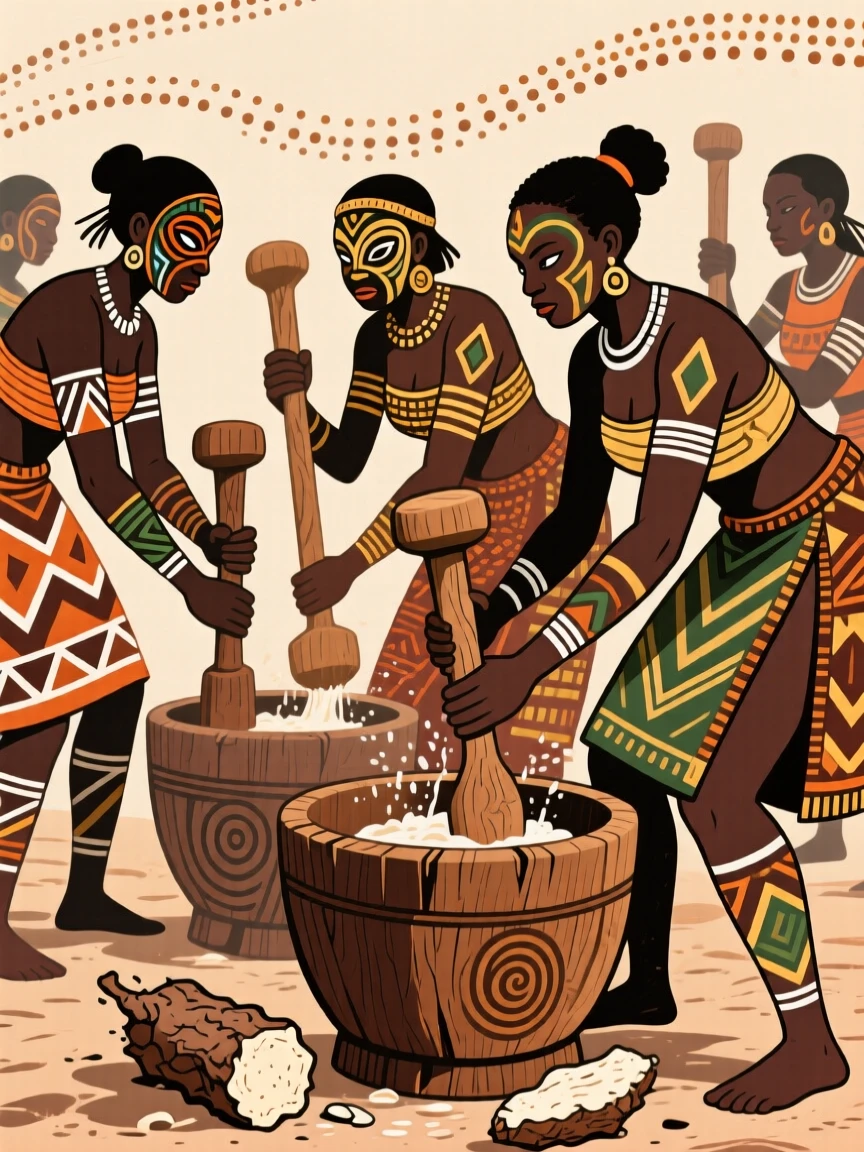 A group of women pounding cassava in wooden mortars.