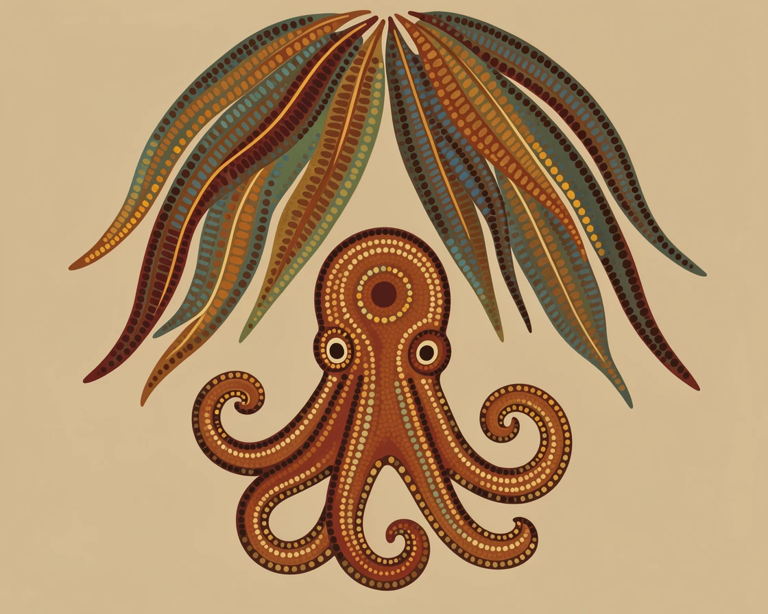 A octopus beneath a canopy of drifting kelp