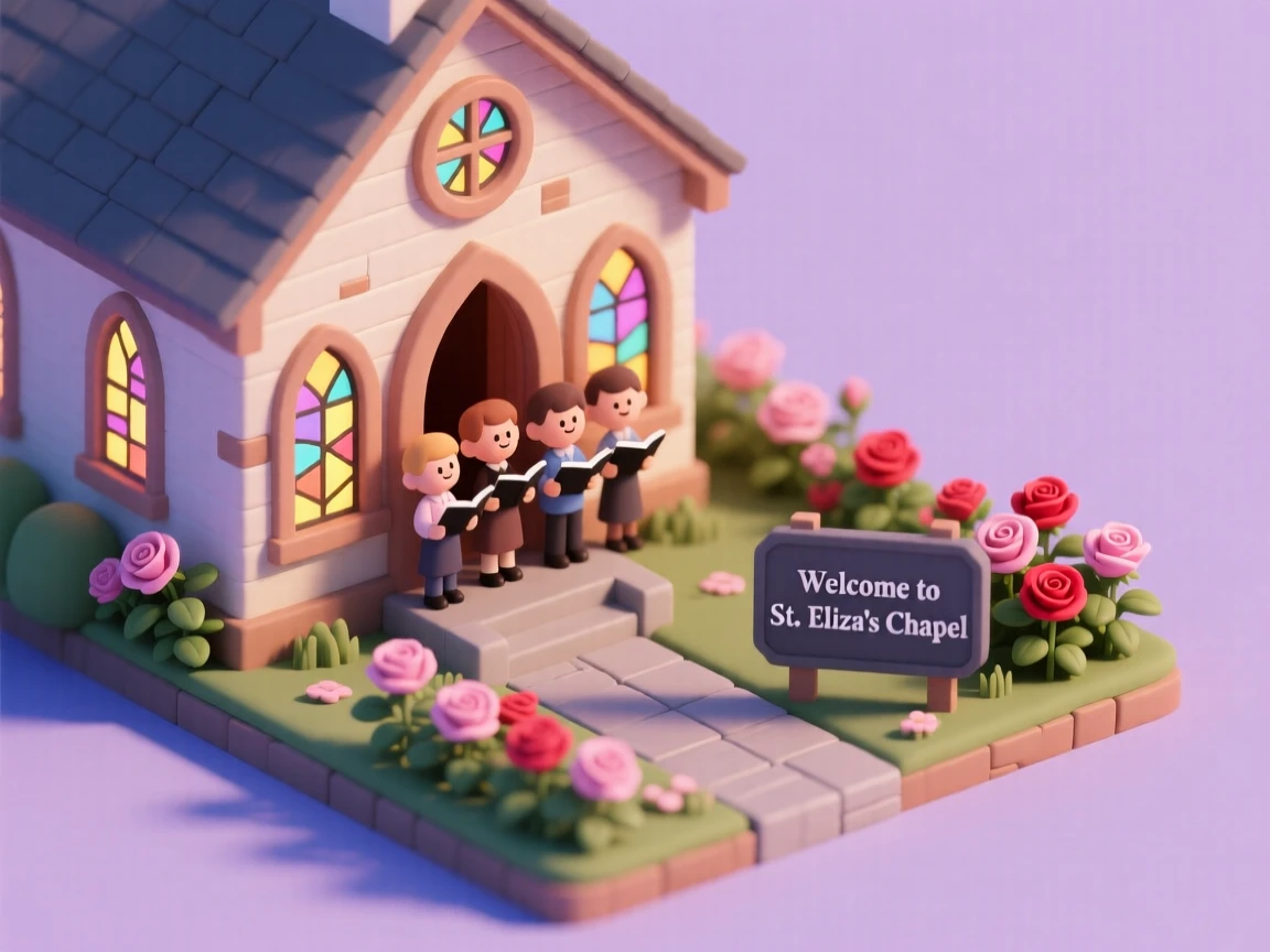 A quaint small-town chapel with stained glass windows glowing, a choir practicing, and a garden of roses along the path.