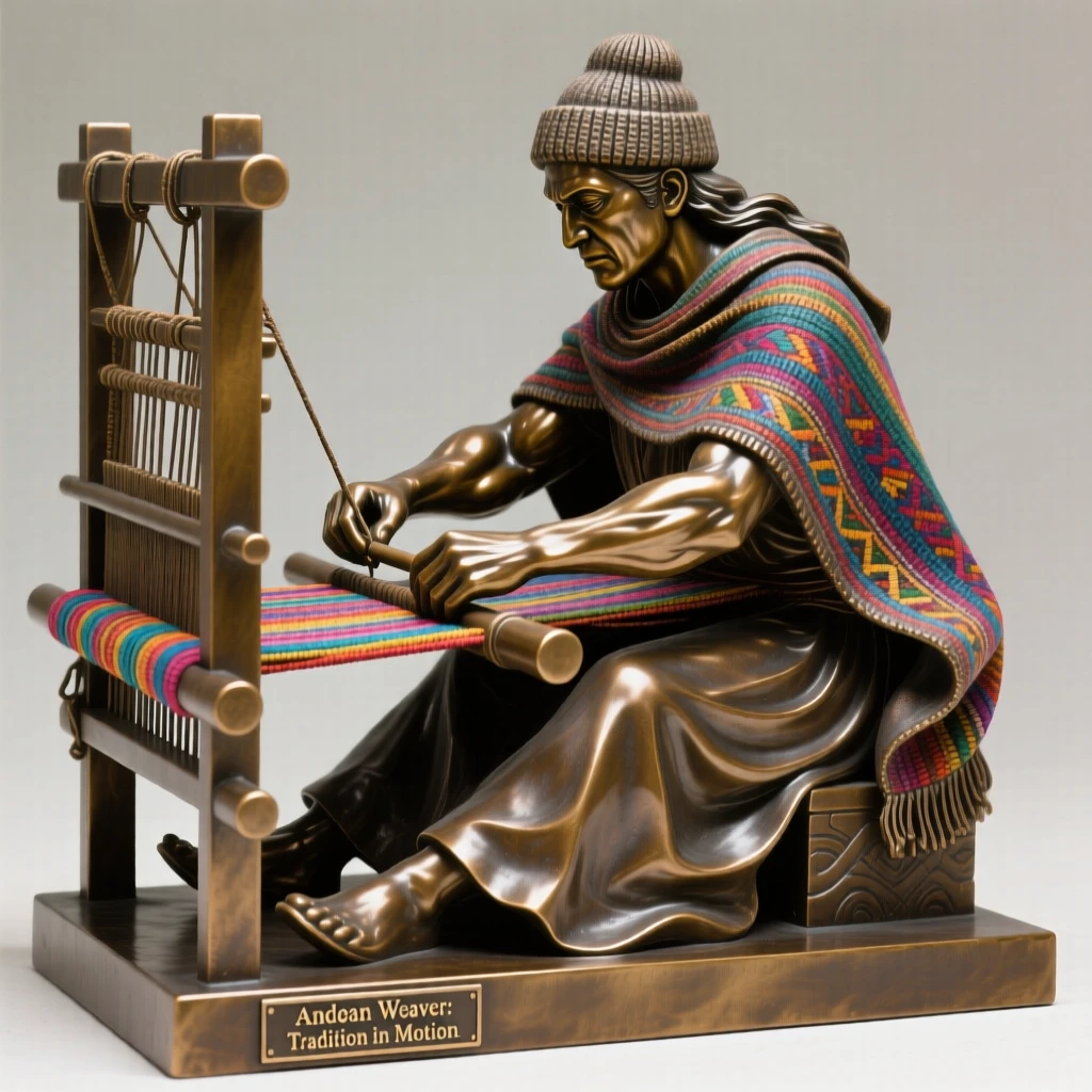 An andean weaver working colorful threads on a backstrap loom, captured in dramatic, dynamic motion, forming a strong central focal point