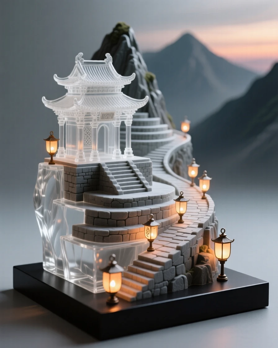 An ancient temple nestled among the terraces of a mountainside while lanterns begin to glow one by one along the street