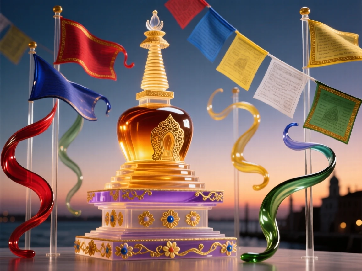 A Buddhist stupa glowing at dusk surrounded by fluttering prayer flags, serene and sacred.