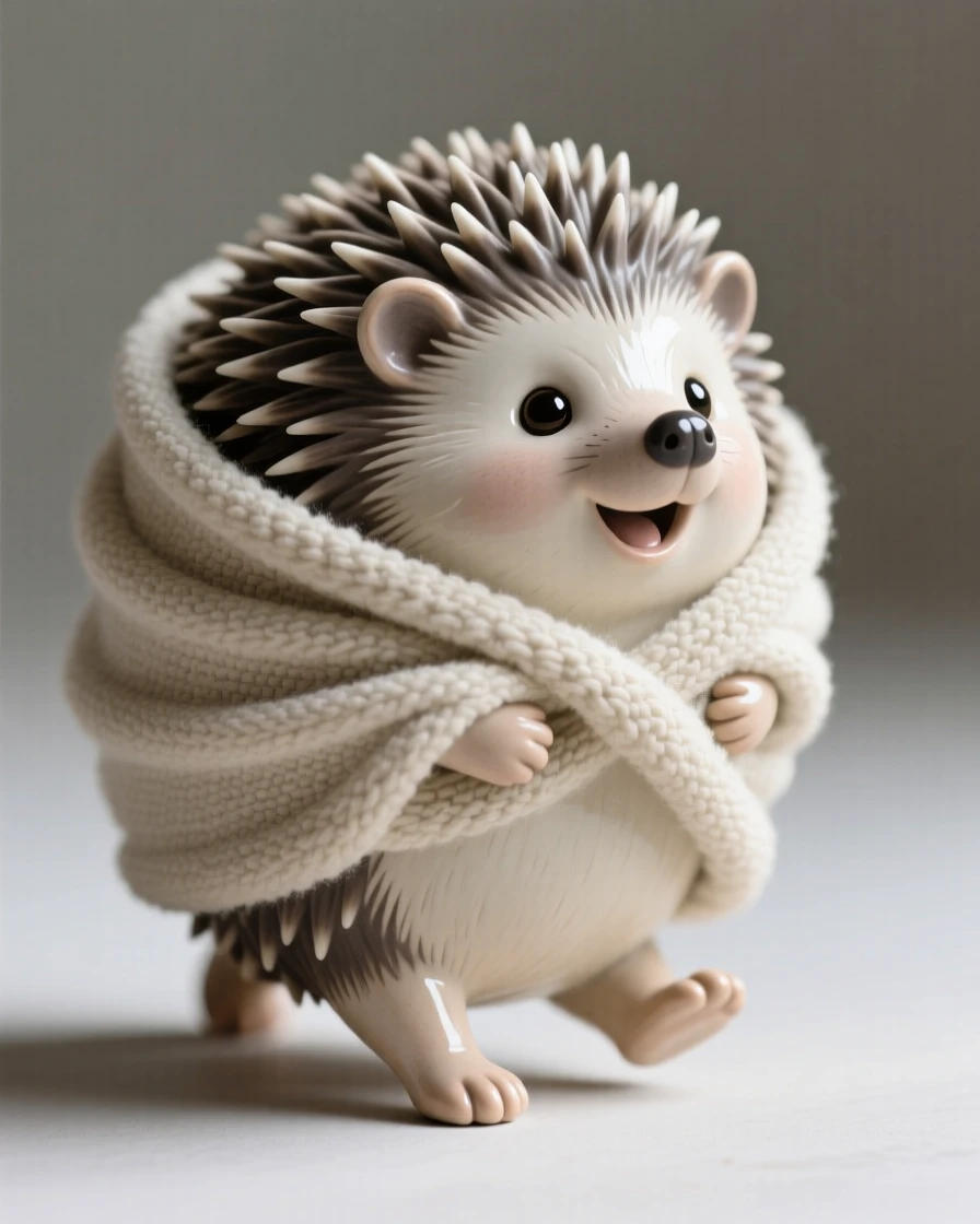 A round baby hedgehog wrapped in a tiny blanket caught mid-wobble in a first clumsy step, surrounded by soft, cozy textures, capturing a moment of pure childlike delight.