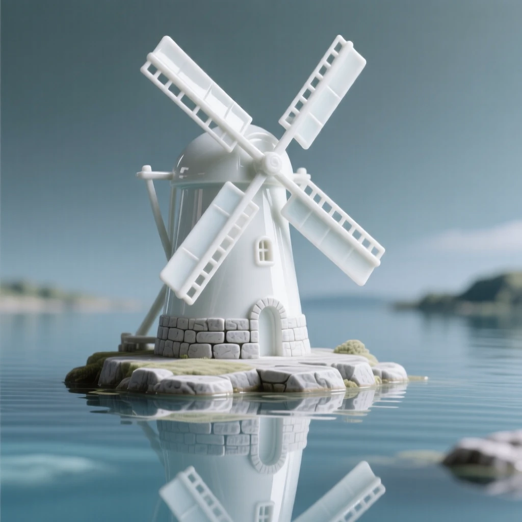 A grand view of an old stone windmill, reflected perfectly in still water.