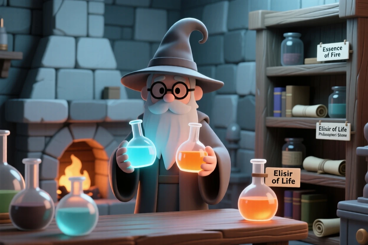 A wise medieval alchemist mixes glowing colored liquids in glass vials inside a cluttered stone laboratory.