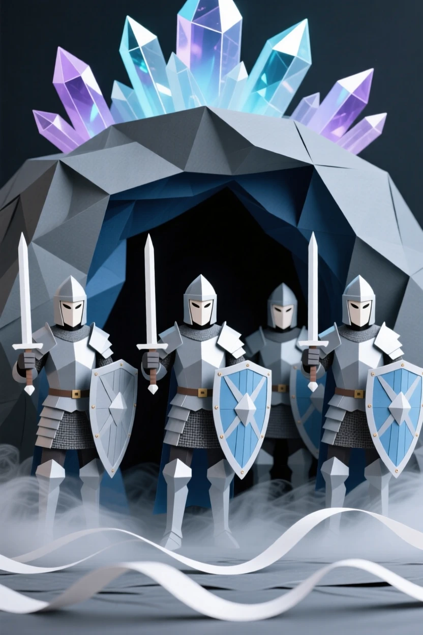 A band of armored knights guarding a hidden crystal cave, with swirling mist wrapping around the scene, conveying magic and quiet awe.