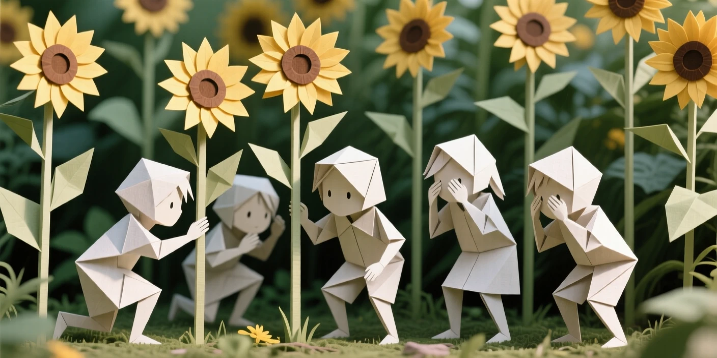 A group of children playing hide and seek in a garden full of tall sunflowers.