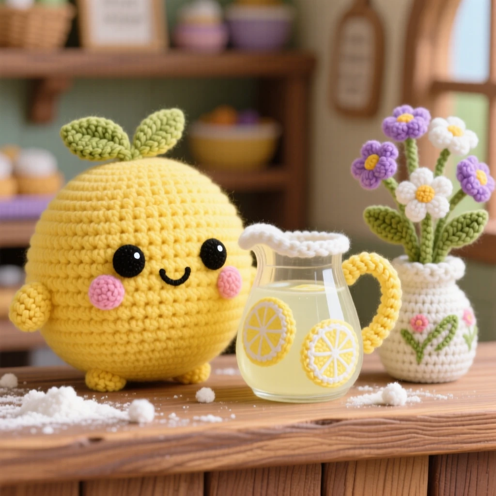 a round lemon character, with a bright zesty peel, resting beside a pitcher of lemonade, displayed in a cozy village bakery counter dusted with flour, with a small vase of wildflowers on the table, radiating a cozy sense of shared treats.